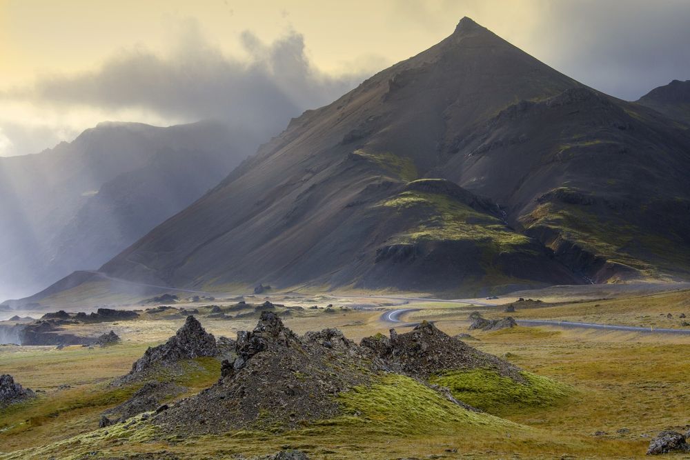 Scenic volcanic landscape of ancient volcanos and cinder cones near Stafafell in the southwest of Iceland