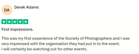 Screenshot of a Trustpilot review by Derek praising The Society of Photographers’ well-organised event and expressing interest in attending future events.