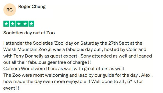 Screenshot of a Trustpilot review by Roger highlighting a fabulous day at the Welsh Mountain Zoo, hosted by Colin with expert Terry Donnelly, Sony gear loaned out, and guide Alex making the day enjoyable.