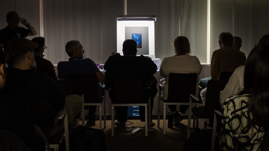 Photography competition judging panel reviewing award-winning images and technical quality